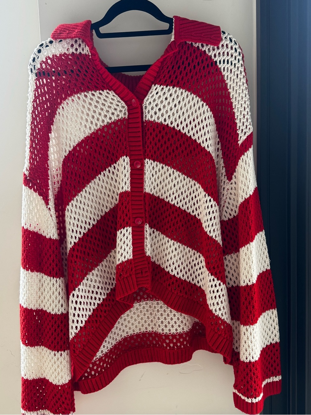 Red and White Open-Knit Button Cardigan Sweater